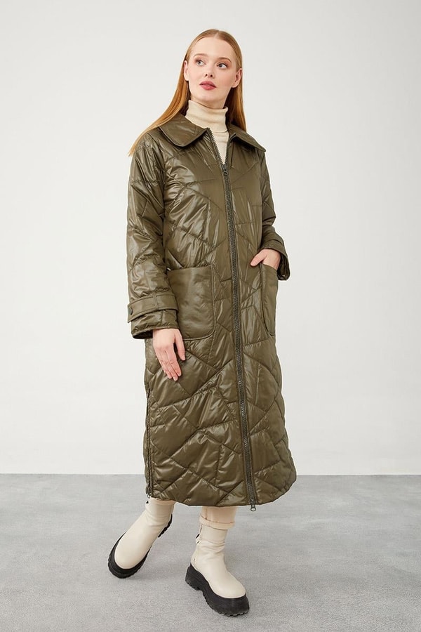 Haki Geniş Yaka Kapitone Mont