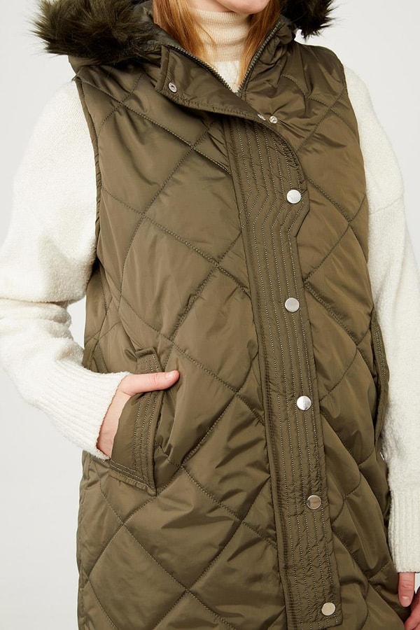 Haki Kürk Kapüşonlu Şişme Yelek