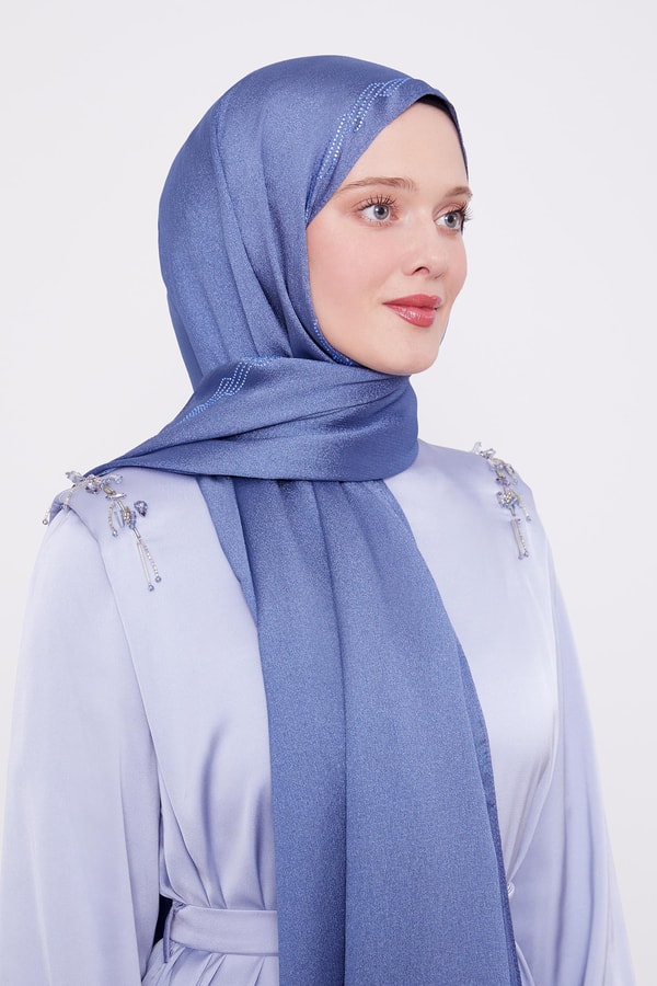 İndigo Dalgalı İşlemeli Diamond Şal