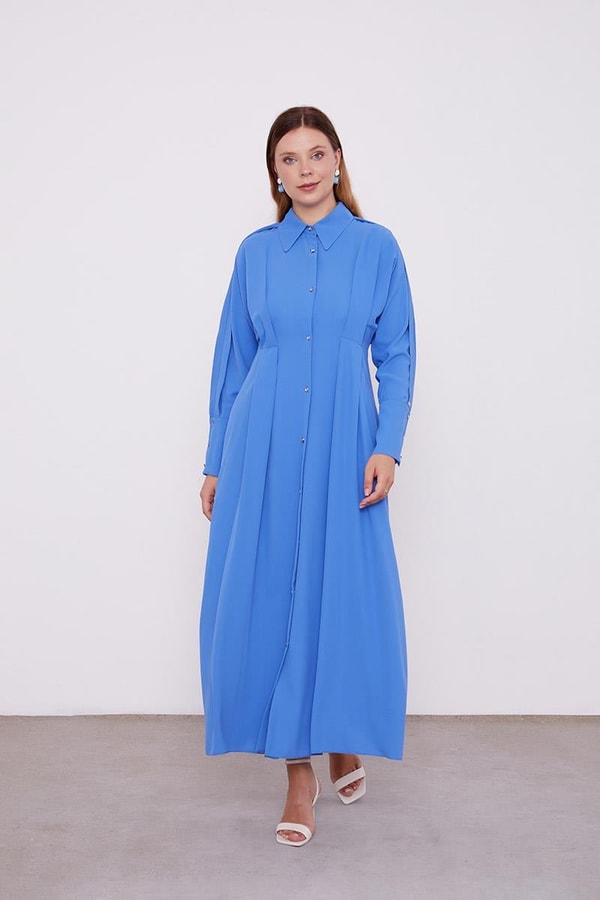 İndigo Gömlek Yaka Belden Oturmalı Elbise