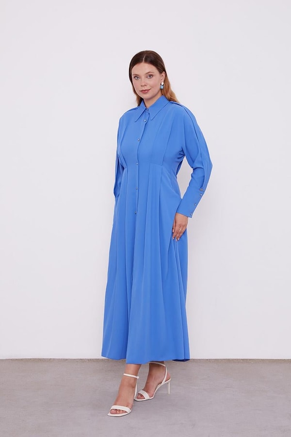 İndigo Gömlek Yaka Belden Oturmalı Elbise