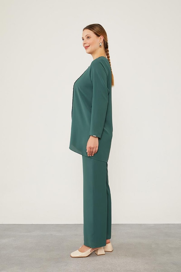 K.Yeşil İnci İşlemeli Şifon İkili Takım