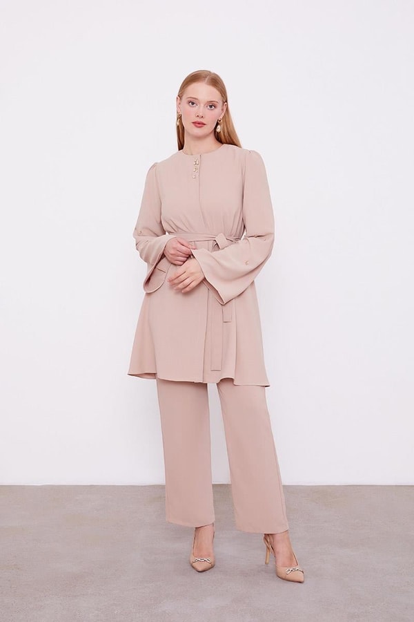 Koyu Bej Bisiklet Yaka Taş Detaylı İkili Takım