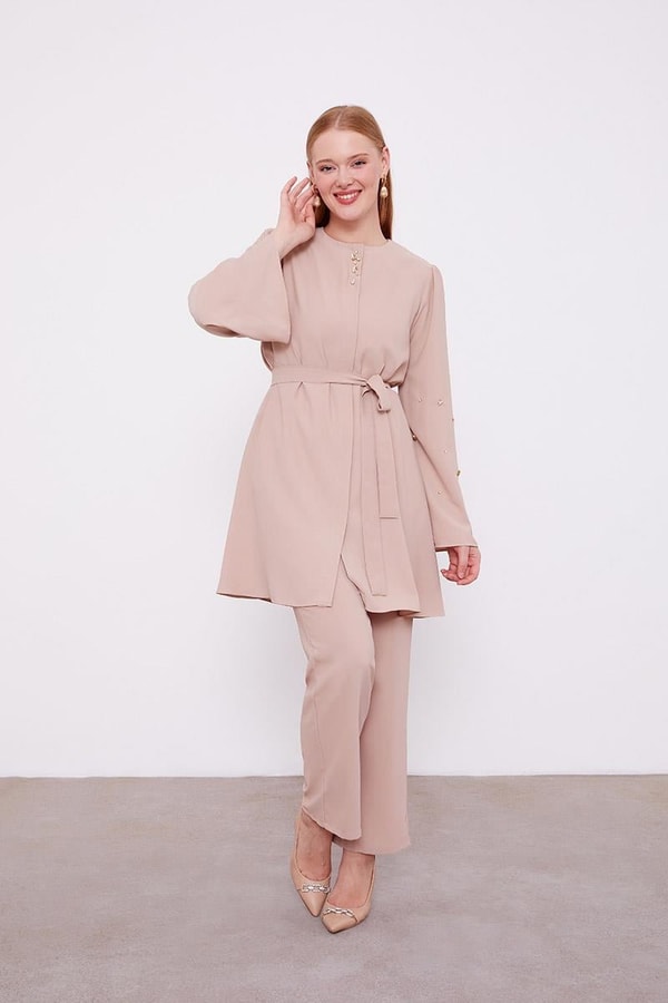 Koyu Bej Bisiklet Yaka Taş Detaylı İkili Takım