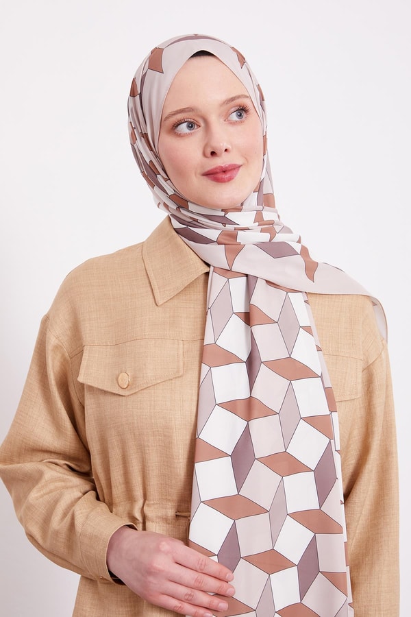 Krem Geometrik Desen Club Şal