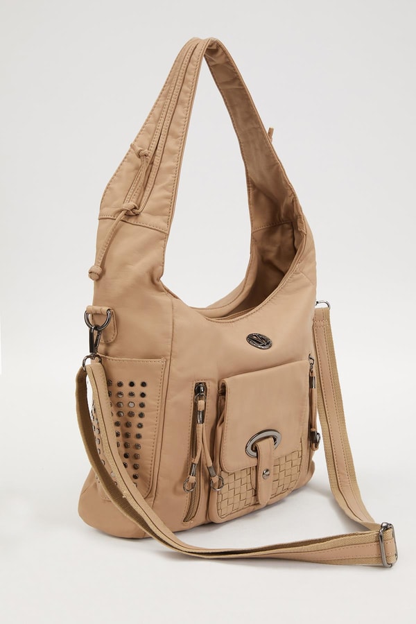 Krem Yanları Zımbalı Omuz Çantası