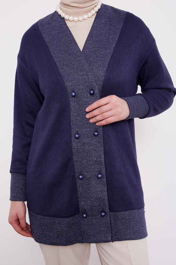 Lacivert İnci Düğmeli Kaşmir Hırka