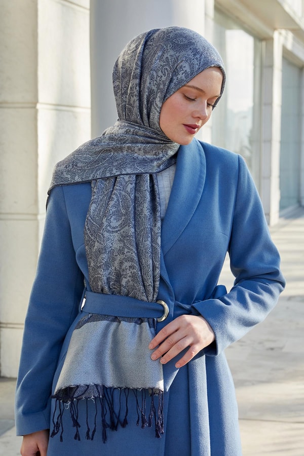 Lacivert Püsküllü Etnik Kaşmir İpek Şal