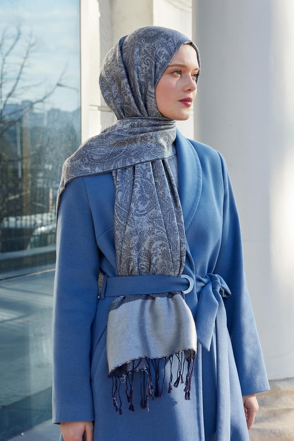 Lacivert Püsküllü Etnik Kaşmir İpek Şal