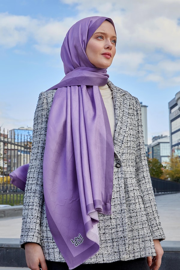 Lila Petek Desen Monogram İpek Şal