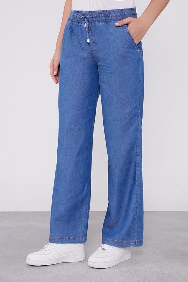Mavi Beli Lastikli Jean Görünümlü Pantolon