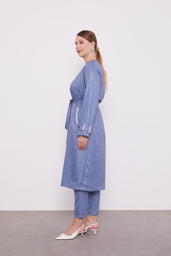 Mavi İşlemeli  Melanj Kimono Üçlü Takım