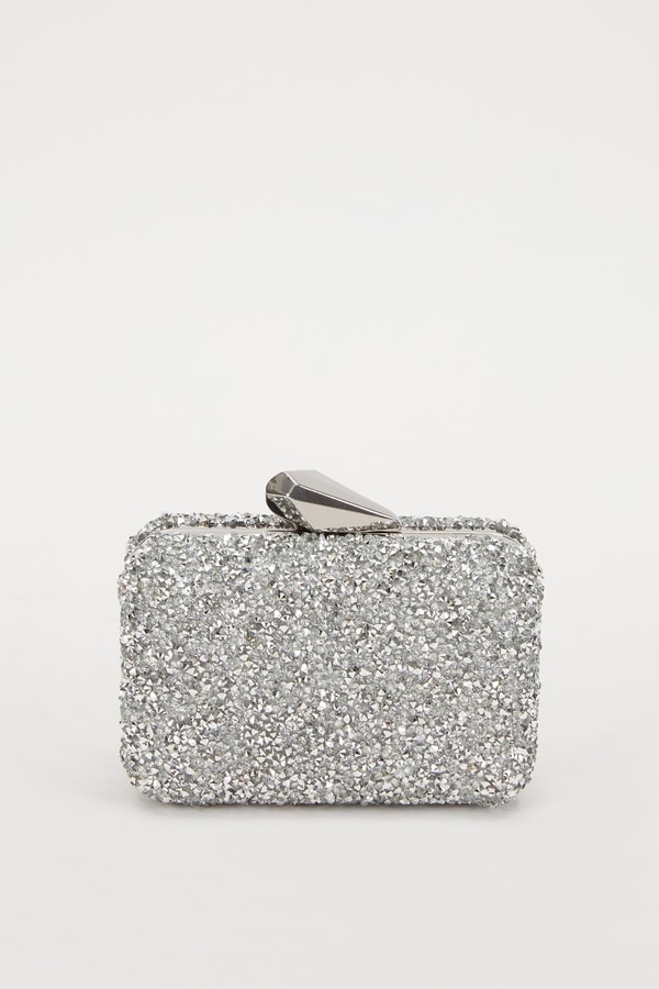 Mini Gümüş Kare Taşlı Abiye El Çantası