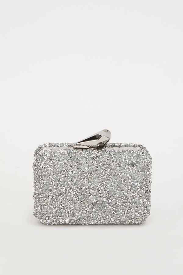 Mini Gümüş Kare Taşlı Abiye El Çantası