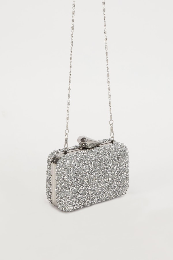 Mini Gümüş Kare Taşlı Abiye El Çantası