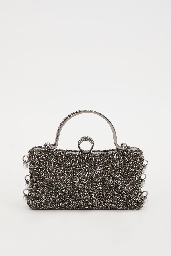 Mini Platin Taş İşleme Saplı Abiye El Çantası