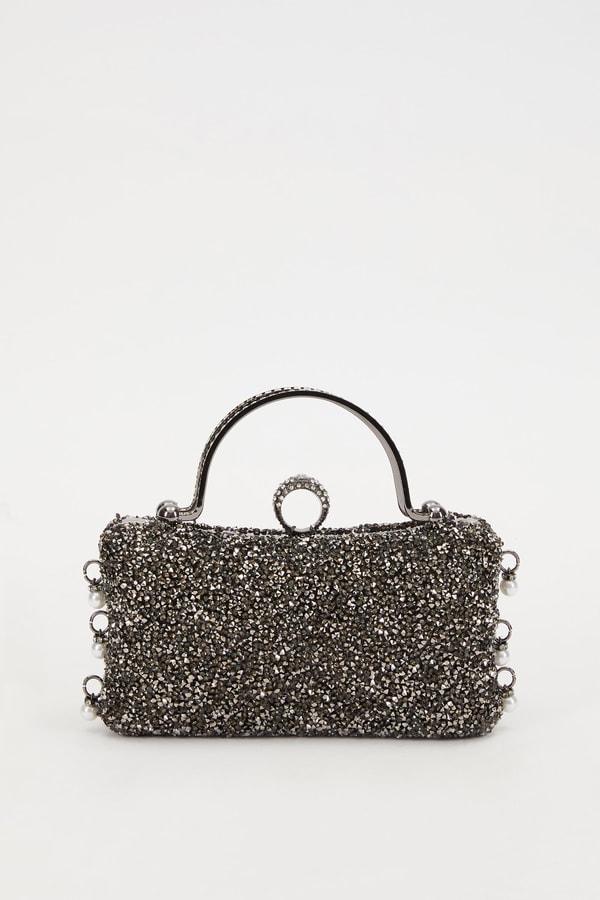 Mini Platin Taş İşleme Saplı Abiye El Çantası