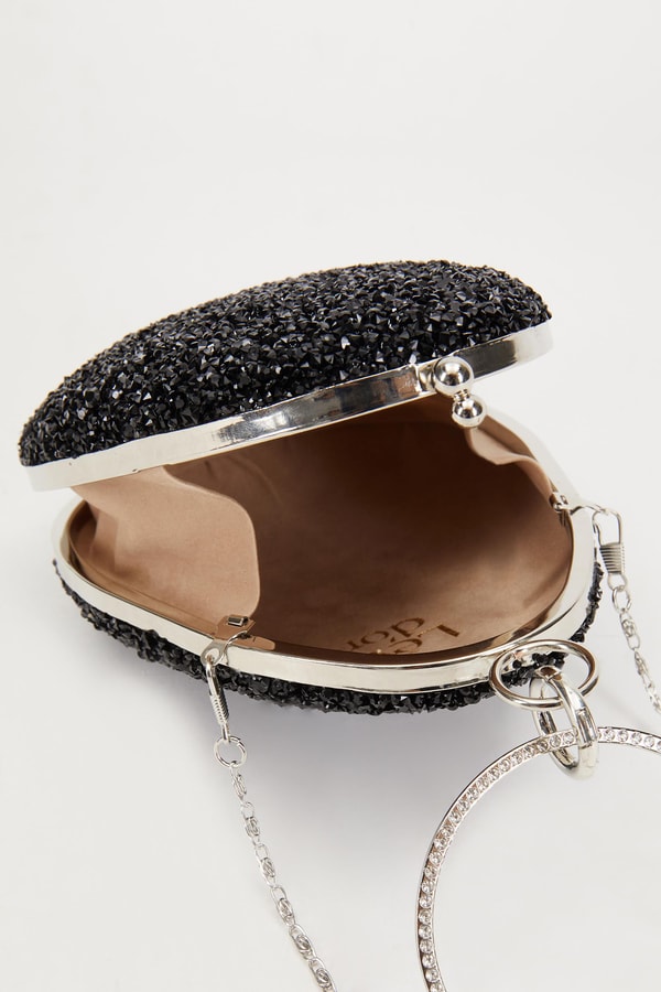 Mini Siyah Oval Taşlı Abiye El Çantası