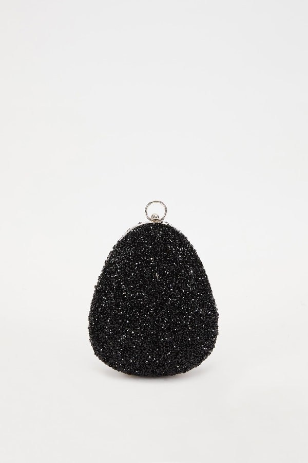 Mini Siyah Oval Taşlı Abiye El Çantası