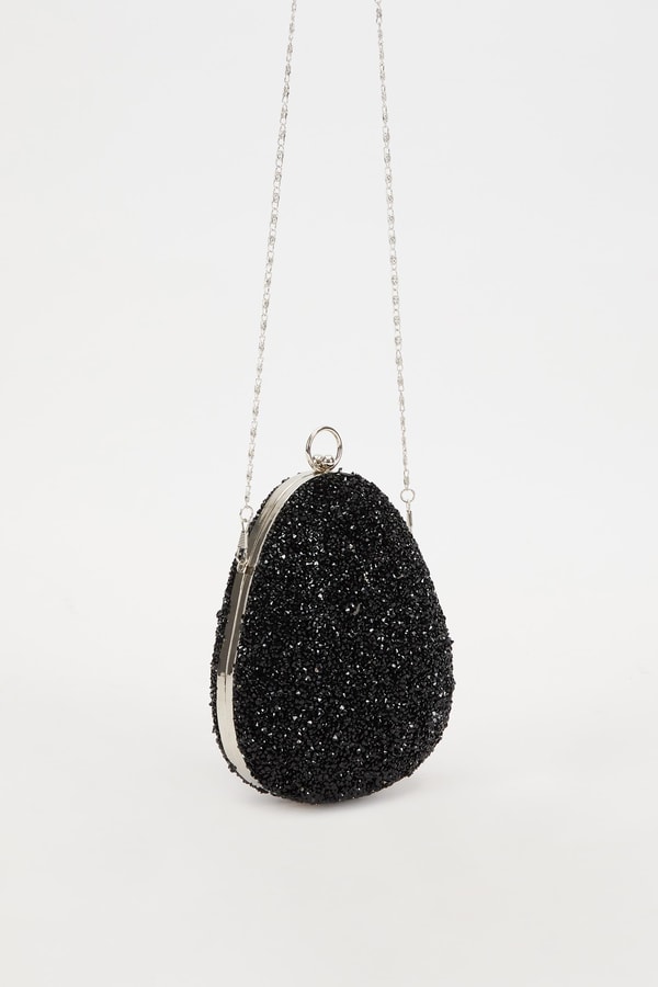 Mini Siyah Oval Taşlı Abiye El Çantası
