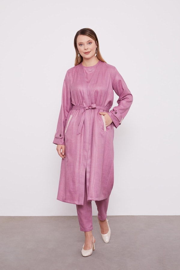 Mürdüm İşlemeli  Melanj Kimono Üçlü Takım