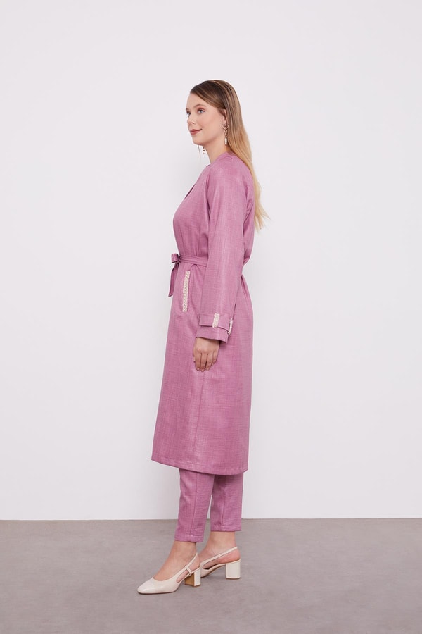 Mürdüm İşlemeli  Melanj Kimono Üçlü Takım