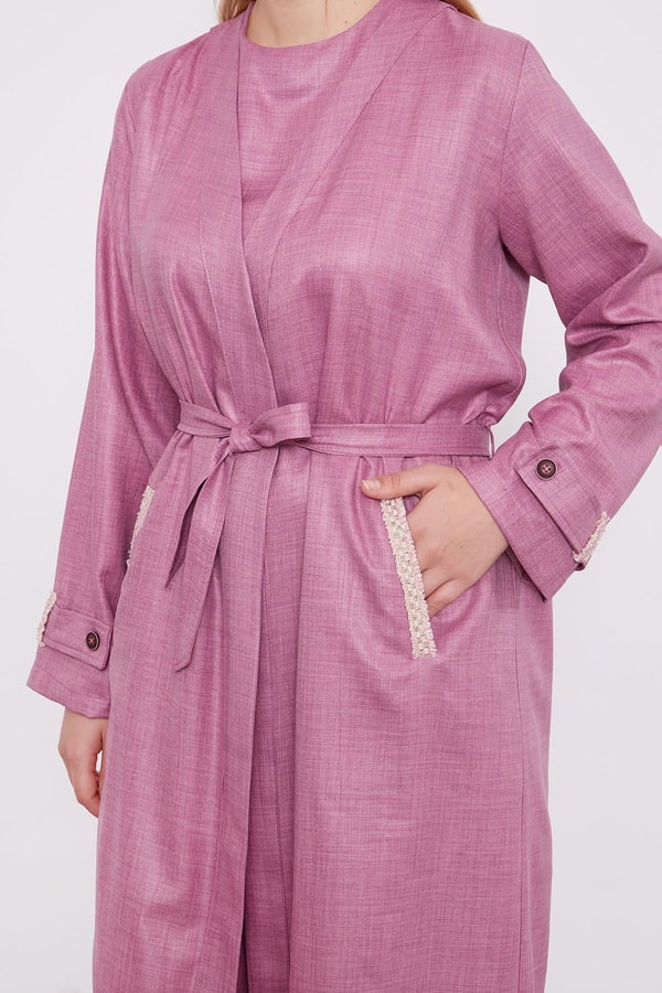Mürdüm İşlemeli  Melanj Kimono Üçlü Takım