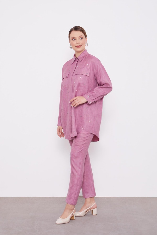 Mürdüm Taş İşlemeli Melanj Gömlek İkili Takım