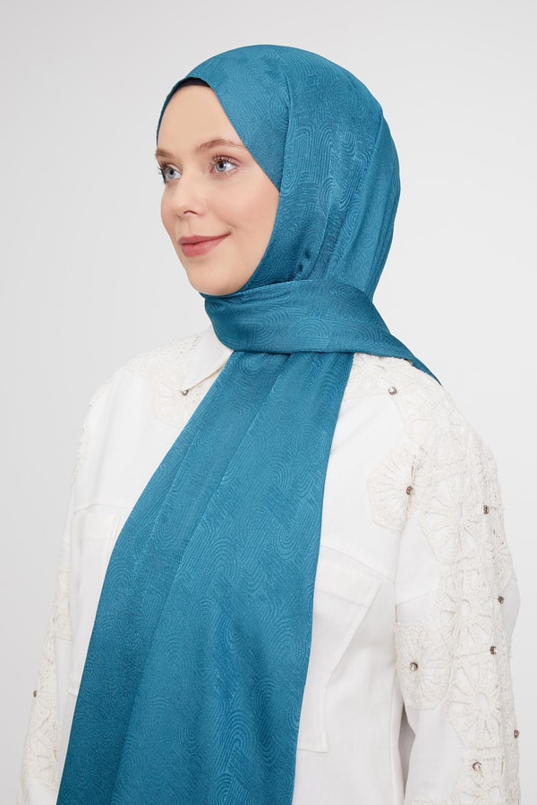 Petrol Yeşili Hologram Desen Jakarlı Janjan Şal