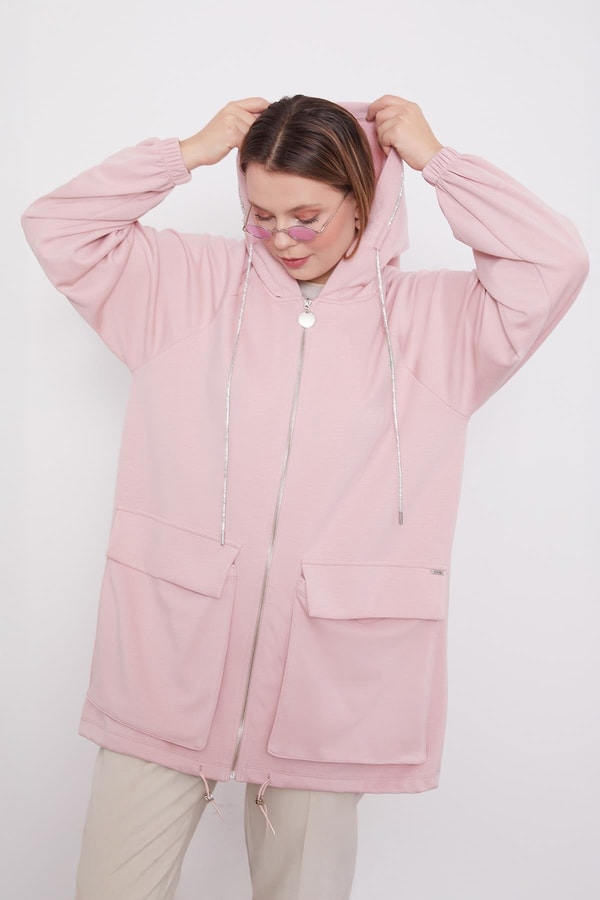 Pudra Kapüşonlu Taşlı İp Detaylı Kap