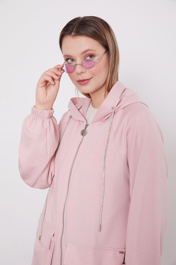 Pudra Kapüşonlu Taşlı İp Detaylı Kap