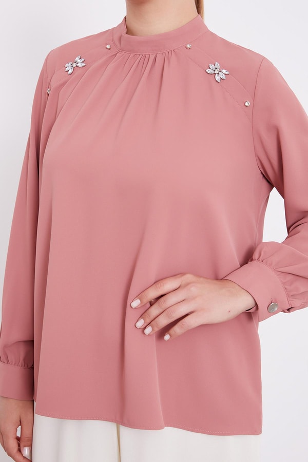 Pudra Taş İşlemeli Bluz