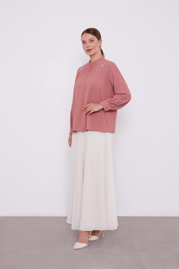 Pudra Taş İşlemeli Bluz