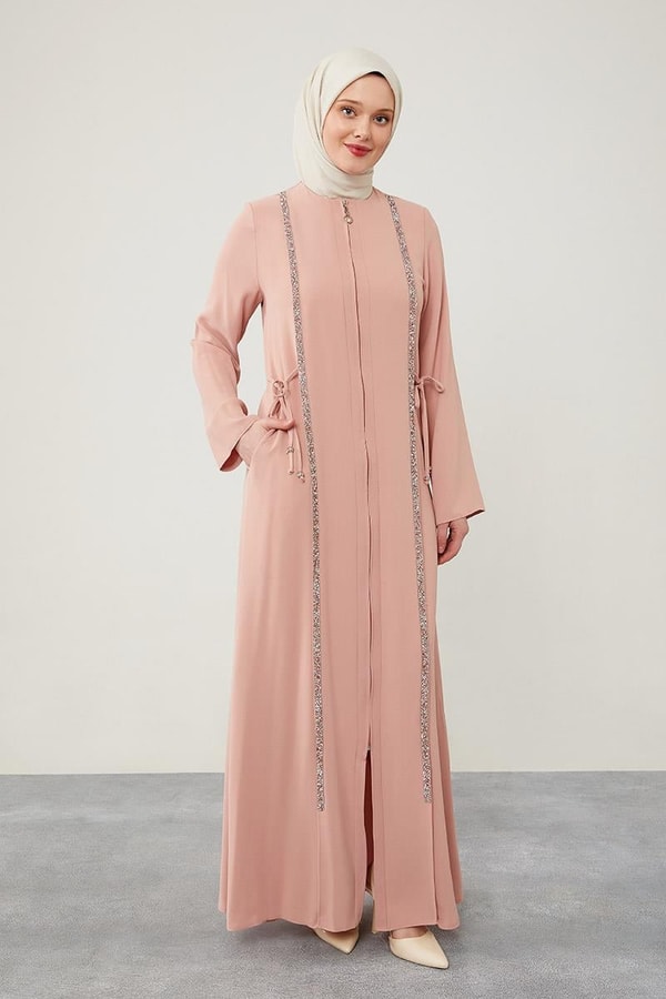 Pudra Yanları İp Bağlamalı Taş İşlemeli Ferace