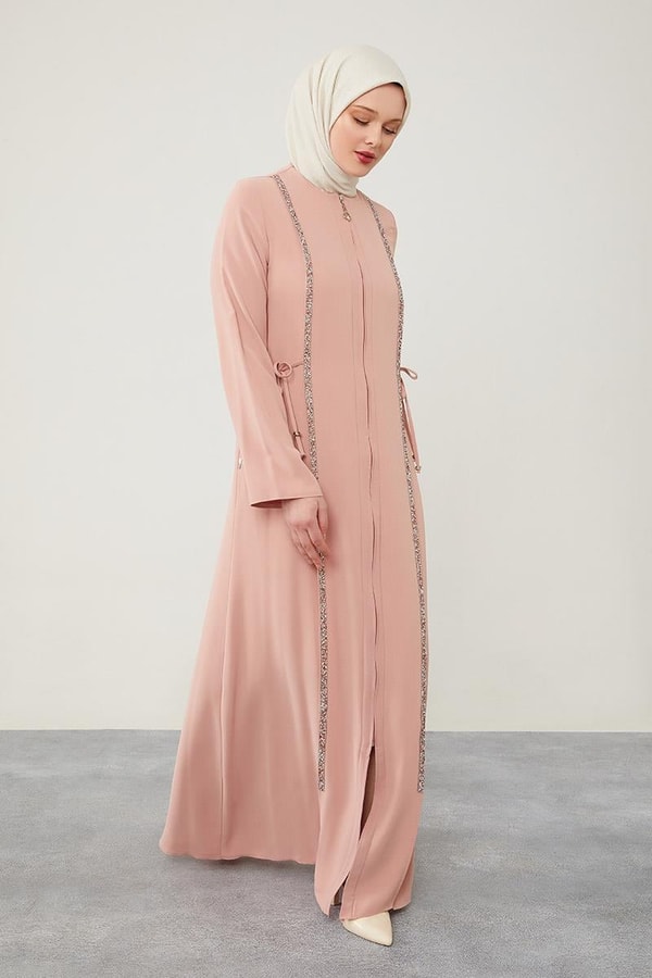 Pudra Yanları İp Bağlamalı Taş İşlemeli Ferace