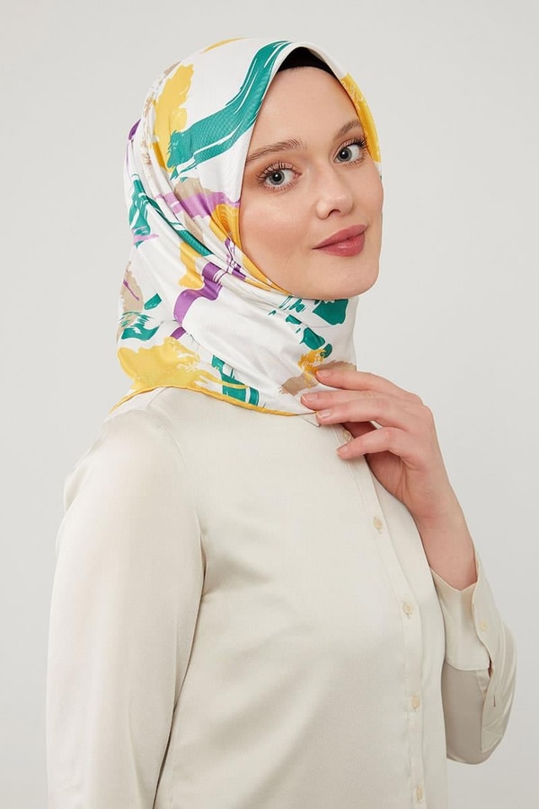 Sarı Boya Desen Twill Eşarp