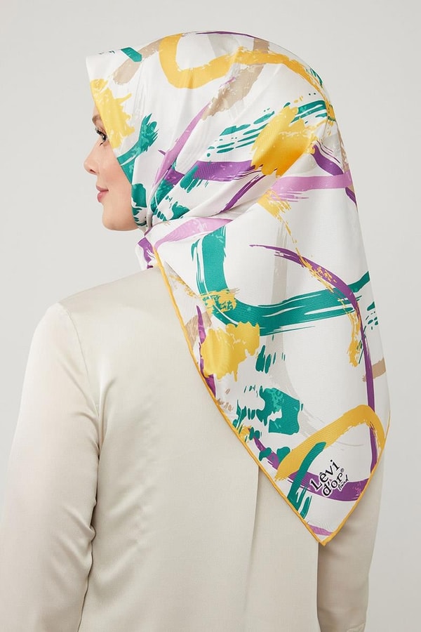 Sarı Boya Desen Twill Eşarp