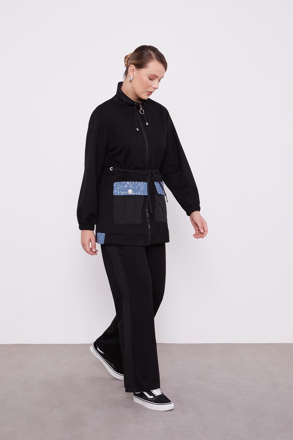 Siyah Cebi İşleme Detaylı Ceket Takım