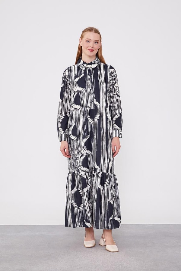 Siyah-Ekru Eteği Volanlı Astarsız Pamuklu Elbise