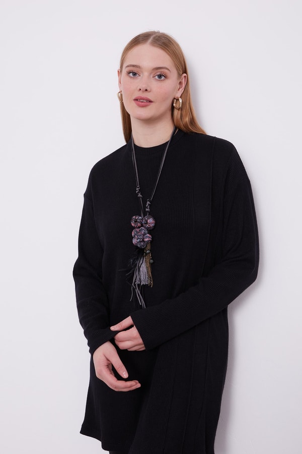 Siyah Etnik Kolyeli Fitili Kaşmir Tunik