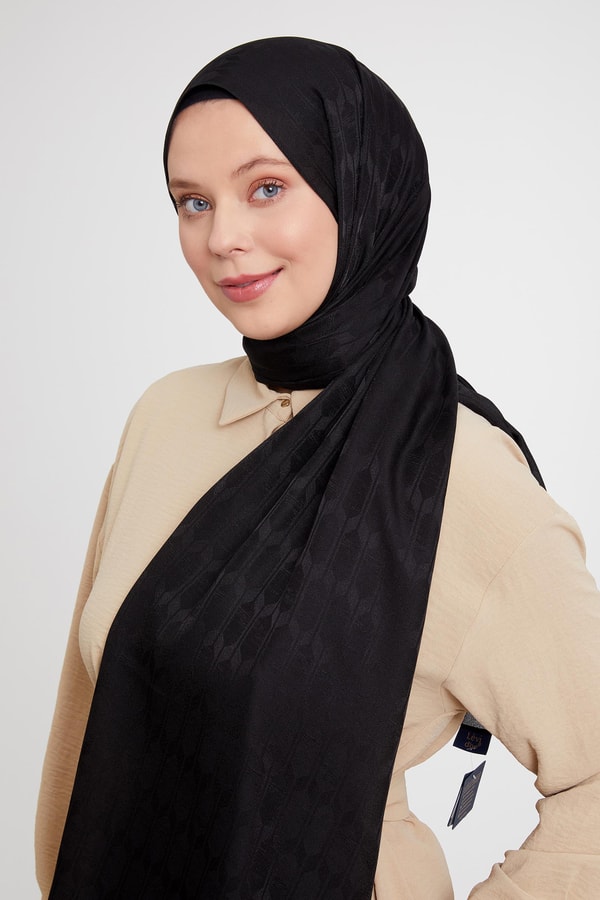 Geometrik Desen Jakarlı Janjan Şal Siyah
