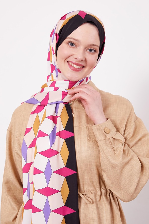 Siyah - Gold Geometrik Desen Club Şal