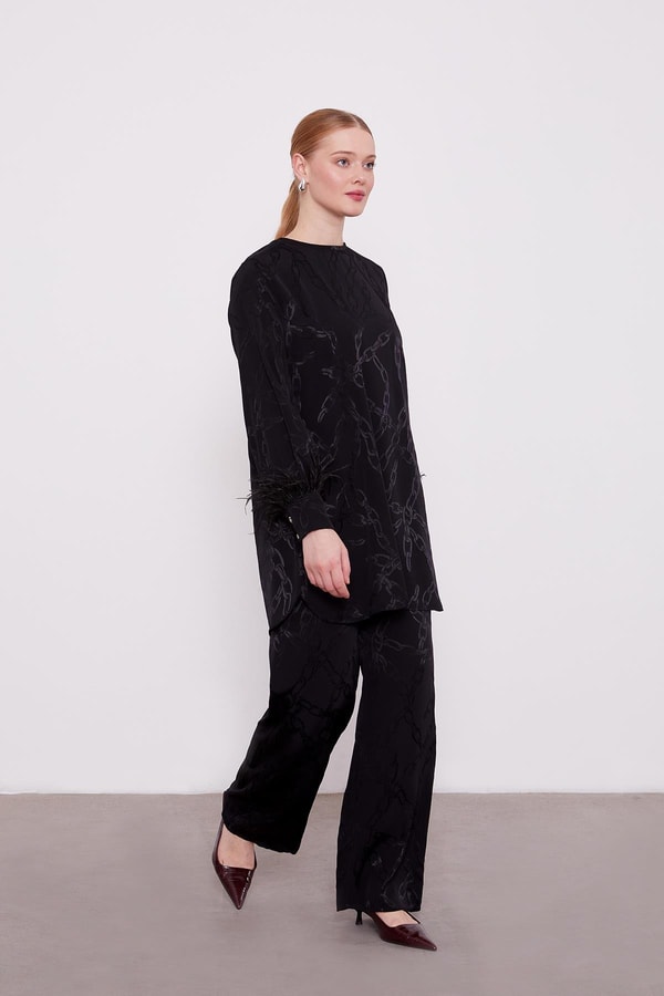 Siyah Jakarlı Zincir Desen İkili Takım