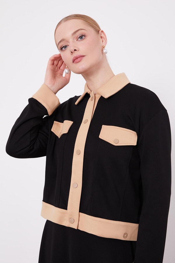 Siyah - Koyu Bej Gömlek Yaka Çıtçıtlı Etekli Takım