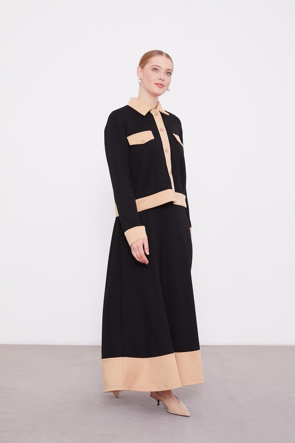 Siyah - Koyu Bej Gömlek Yaka Çıtçıtlı Etekli Takım