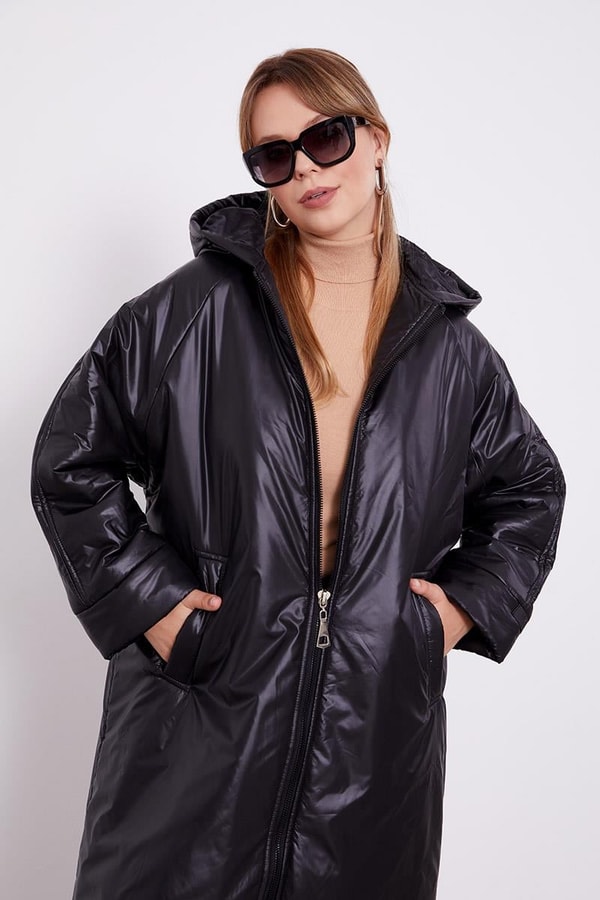 Siyah KOLLARI RİBANA DETAYLI UZUN MONT