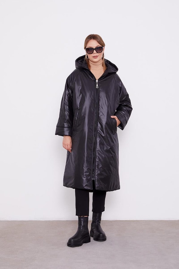 Siyah KOLLARI RİBANA DETAYLI UZUN MONT