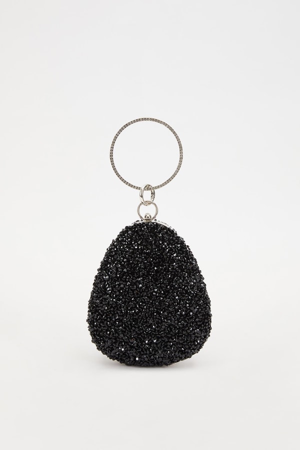 Siyah Oval Taşlı Abiye El Çantası