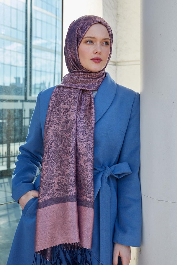 SİYAH-PEMBE Püsküllü Etnik Kaşmir İpek Şal