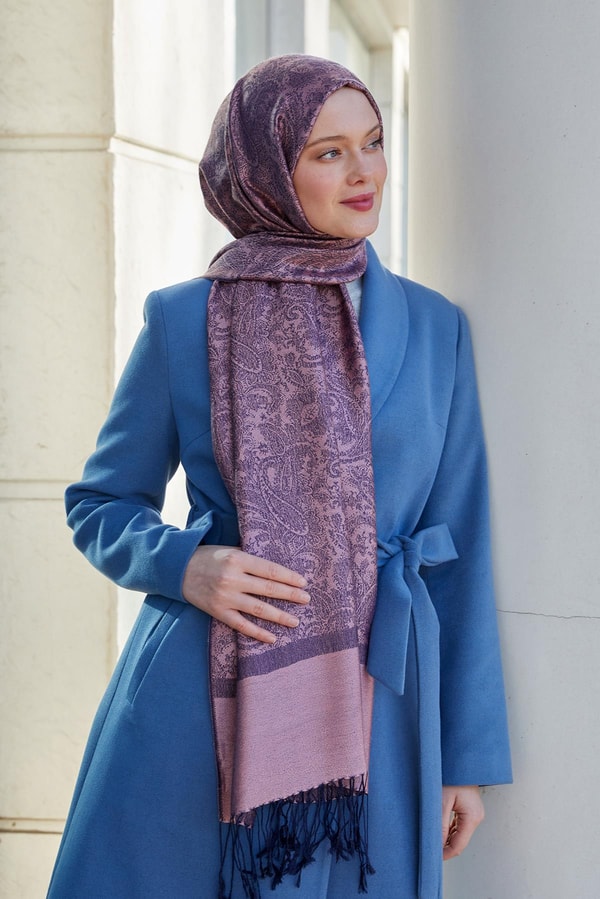 SİYAH-PEMBE Püsküllü Etnik Kaşmir İpek Şal